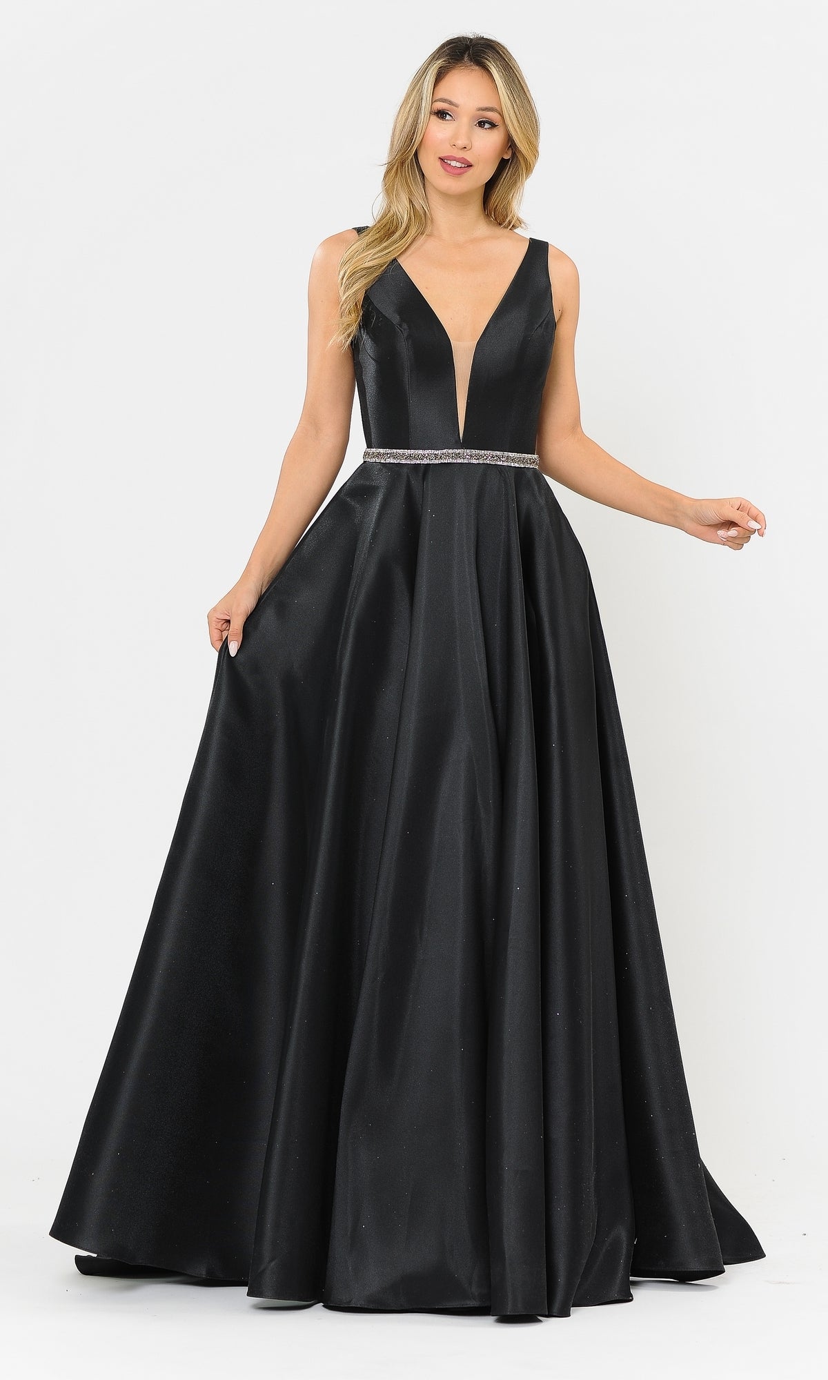 A woman poses against a white background wearing the Deep V-Neck Long Mikado A-Line Prom Dress 8682 in black, featuring a sleeveless floor-length design, deep V-neckline, and beaded waistband.